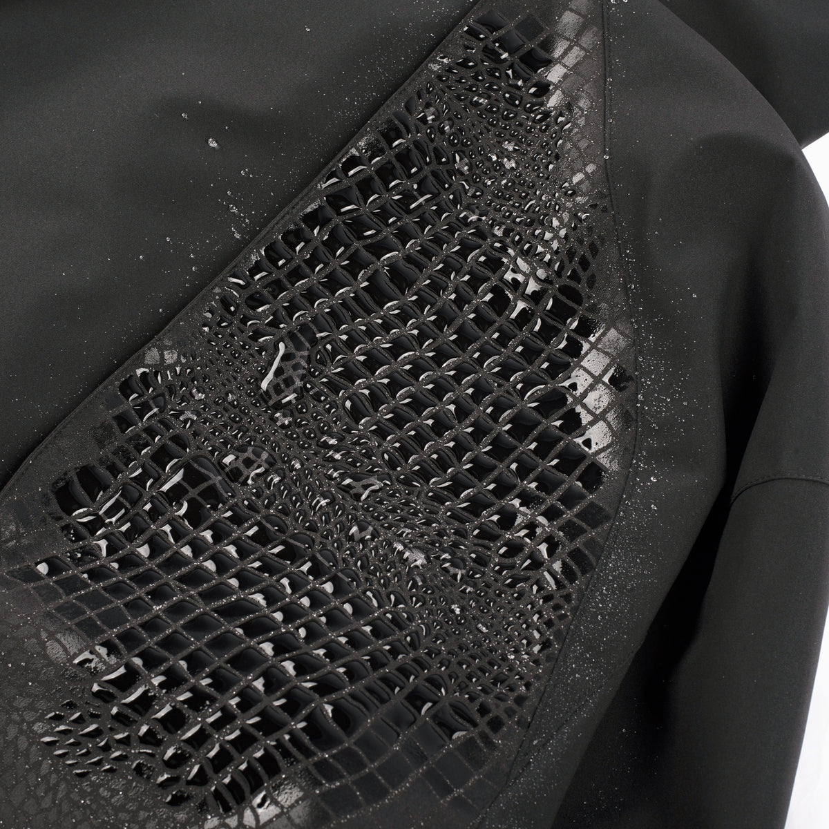 Close-up of black technical fabric with water droplets